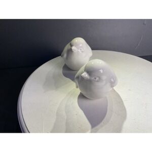 Two little bird figurines with some coloring on the feathers